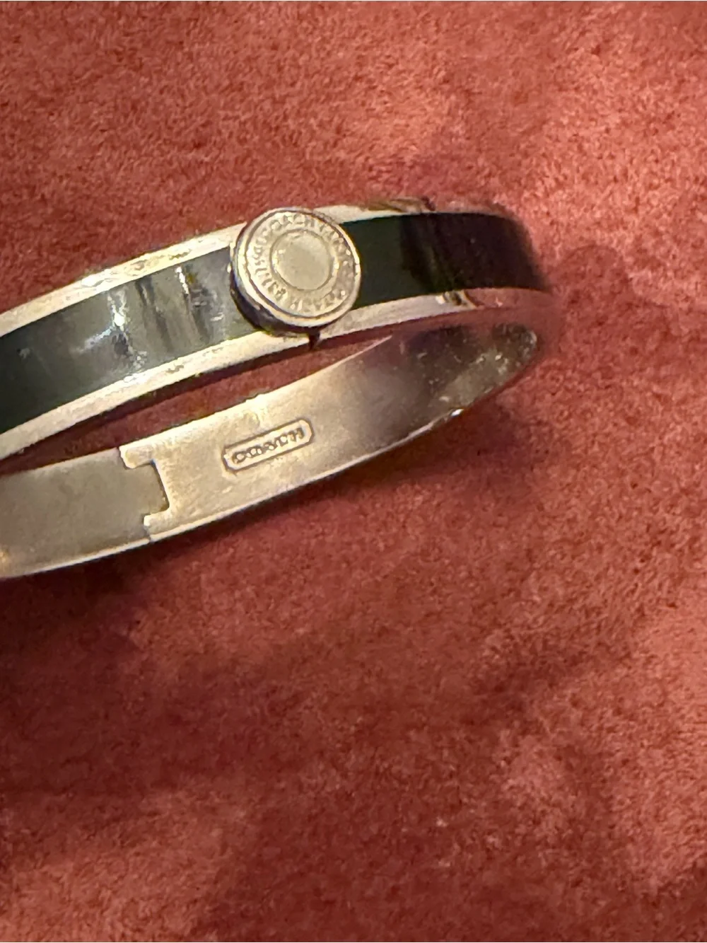 Coach Silver-Tone & Black Enamel Hinged Bangle Bracelet - Classic Logo Button